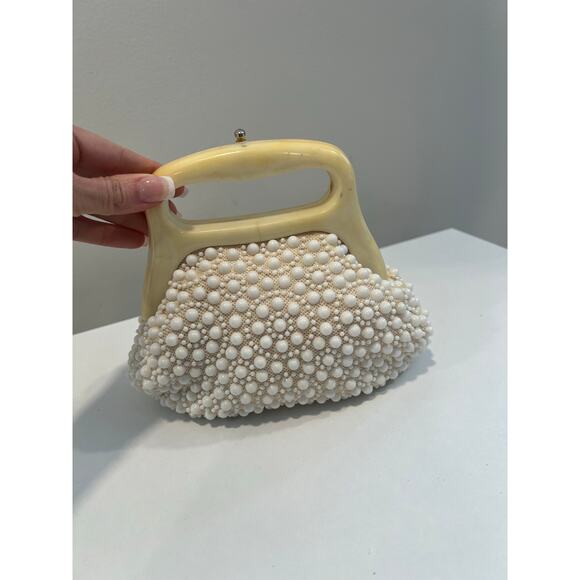 Vintage 1950s-60s Raffia Beaded and Lucite Purse White JL - Picture 3 of 7